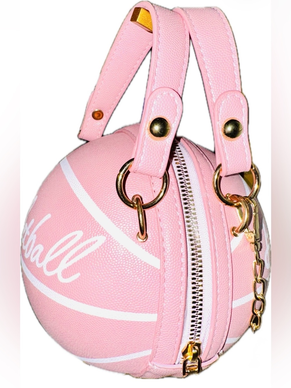 NEW Pink Faux Leather Basketball Crossbody Bag w Double Handle Drop & Gold Chain - Picture 14 of 16